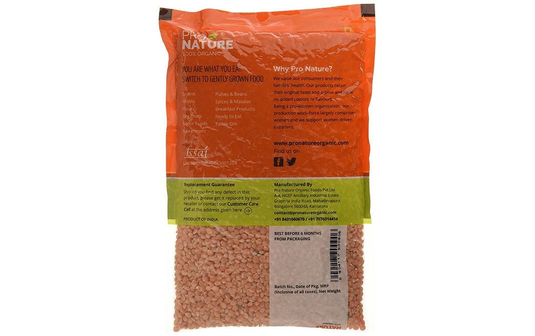 Pro Nature Organic Masoor Malka Whole   Pack  500 grams